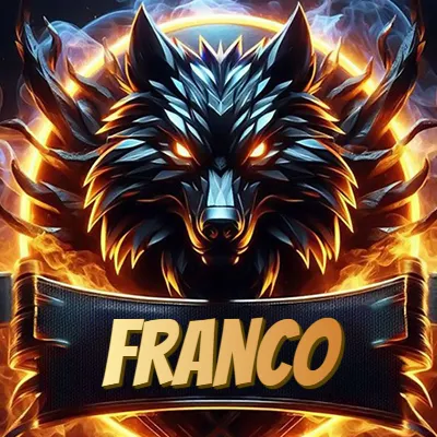 Diseño agresivo y poderoso de cabeza de lobo con ojos brillantes y halo de fuego, nombre incluido. - Franco