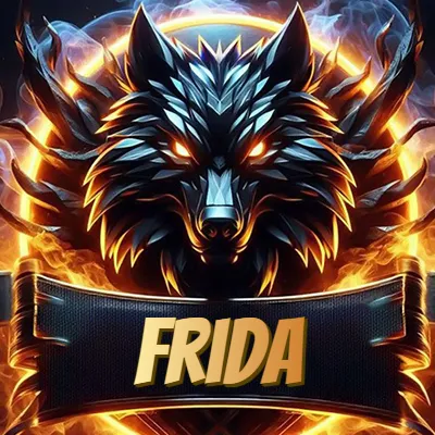 Diseño agresivo y poderoso de cabeza de lobo con ojos brillantes y halo de fuego, nombre incluido. - Frida Diseño agresivo y poderoso de cabeza de lobo con ojos brillantes y halo de fuego, nombre incluido. - Frida