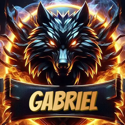 Diseño agresivo y poderoso de cabeza de lobo con ojos brillantes y halo de fuego, nombre incluido. - Gabriel Diseño agresivo y poderoso de cabeza de lobo con ojos brillantes y halo de fuego, nombre incluido. - Gabriel