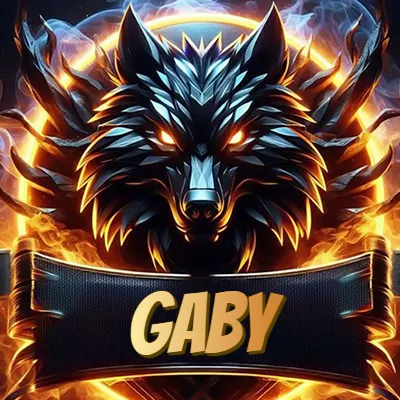 Diseño agresivo y poderoso de cabeza de lobo con ojos brillantes y halo de fuego, nombre incluido. - Gaby