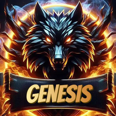 Diseño agresivo y poderoso de cabeza de lobo con ojos brillantes y halo de fuego, nombre incluido. - Genesis Diseño agresivo y poderoso de cabeza de lobo con ojos brillantes y halo de fuego, nombre incluido. - Genesis