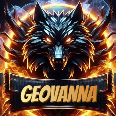 Diseño agresivo y poderoso de cabeza de lobo con ojos brillantes y halo de fuego, nombre incluido. - Geovanna