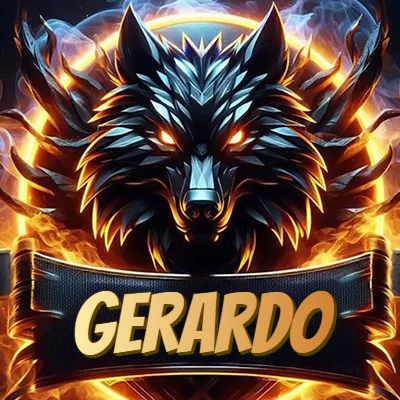 Diseño agresivo y poderoso de cabeza de lobo con ojos brillantes y halo de fuego, nombre incluido. - Gerardo Diseño agresivo y poderoso de cabeza de lobo con ojos brillantes y halo de fuego, nombre incluido. - Gerardo
