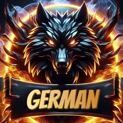 Diseño agresivo y poderoso de cabeza de lobo con ojos brillantes y halo de fuego, nombre incluido. - German Diseño agresivo y poderoso de cabeza de lobo con ojos brillantes y halo de fuego, nombre incluido. - German