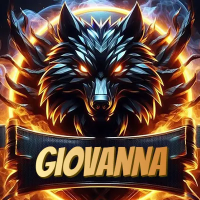 Diseño agresivo y poderoso de cabeza de lobo con ojos brillantes y halo de fuego, nombre incluido. - Giovanna