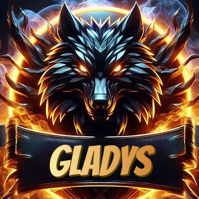 Diseño agresivo y poderoso de cabeza de lobo con ojos brillantes y halo de fuego, nombre incluido. - Gladys