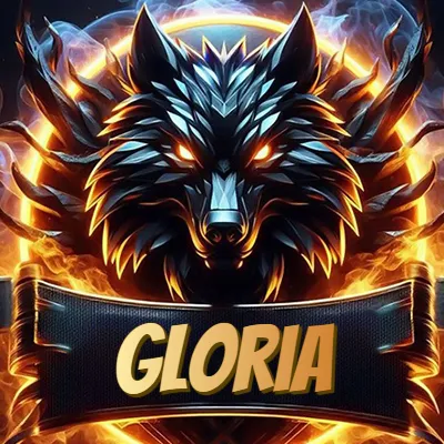 Diseño agresivo y poderoso de cabeza de lobo con ojos brillantes y halo de fuego, nombre incluido. - Gloria Diseño agresivo y poderoso de cabeza de lobo con ojos brillantes y halo de fuego, nombre incluido. - Gloria