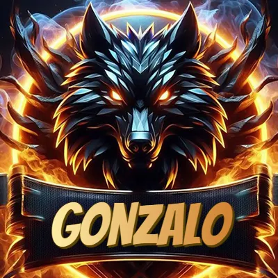 Diseño agresivo y poderoso de cabeza de lobo con ojos brillantes y halo de fuego, nombre incluido. - Gonzalo