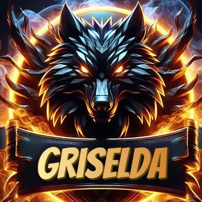Diseño agresivo y poderoso de cabeza de lobo con ojos brillantes y halo de fuego, nombre incluido. - Griselda
