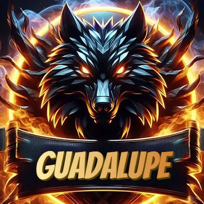 Diseño agresivo y poderoso de cabeza de lobo con ojos brillantes y halo de fuego, nombre incluido. - Guadalupe