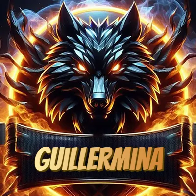 Diseño agresivo y poderoso de cabeza de lobo con ojos brillantes y halo de fuego, nombre incluido. - Guillermina