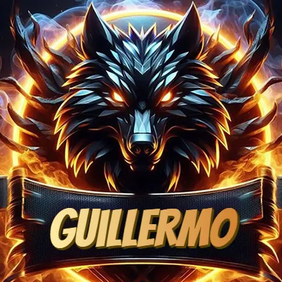 Diseño agresivo y poderoso de cabeza de lobo con ojos brillantes y halo de fuego, nombre incluido. - Guillermo