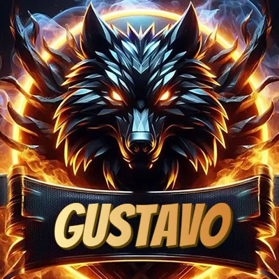 Diseño agresivo y poderoso de cabeza de lobo con ojos brillantes y halo de fuego, nombre incluido. - Gustavo