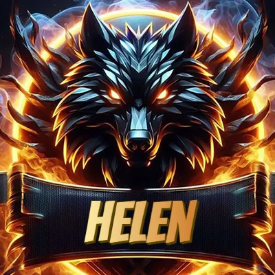 Diseño agresivo y poderoso de cabeza de lobo con ojos brillantes y halo de fuego, nombre incluido. - Helen