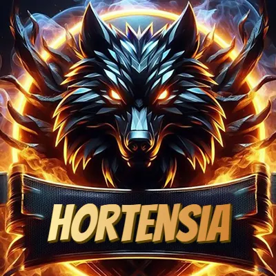 Diseño agresivo y poderoso de cabeza de lobo con ojos brillantes y halo de fuego, nombre incluido. - Hortensia
