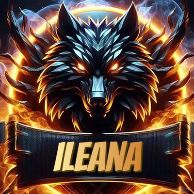 Diseño agresivo y poderoso de cabeza de lobo con ojos brillantes y halo de fuego, nombre incluido. - Ileana