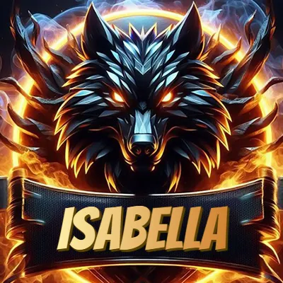 Diseño agresivo y poderoso de cabeza de lobo con ojos brillantes y halo de fuego, nombre incluido. - Isabel Diseño agresivo y poderoso de cabeza de lobo con ojos brillantes y halo de fuego, nombre incluido. - Isabel