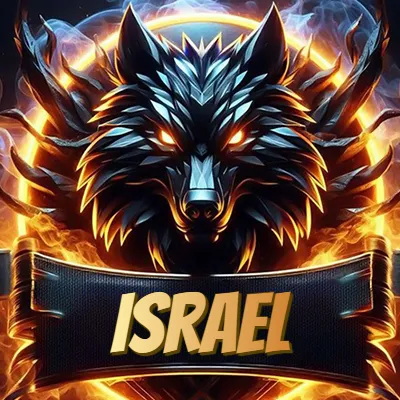 Diseño agresivo y poderoso de cabeza de lobo con ojos brillantes y halo de fuego, nombre incluido. - Israel