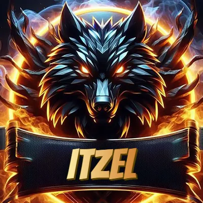 Diseño agresivo y poderoso de cabeza de lobo con ojos brillantes y halo de fuego, nombre incluido. - Itzel Diseño agresivo y poderoso de cabeza de lobo con ojos brillantes y halo de fuego, nombre incluido. - Itzel