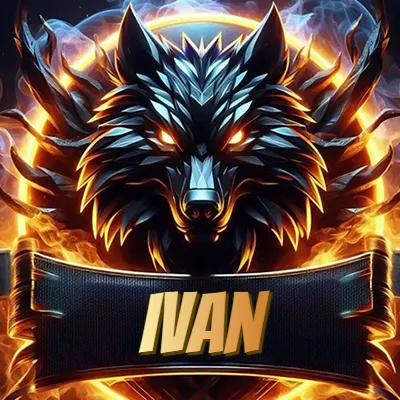 Diseño agresivo y poderoso de cabeza de lobo con ojos brillantes y halo de fuego, nombre incluido. - Ivan Diseño agresivo y poderoso de cabeza de lobo con ojos brillantes y halo de fuego, nombre incluido. - Ivan