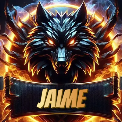 Diseño agresivo y poderoso de cabeza de lobo con ojos brillantes y halo de fuego, nombre incluido. - Jaime