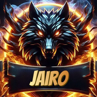 Diseño agresivo y poderoso de cabeza de lobo con ojos brillantes y halo de fuego, nombre incluido. - Jairo