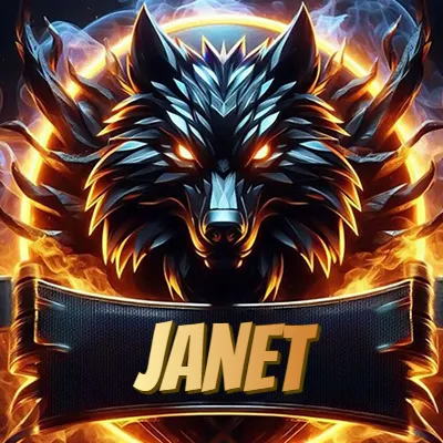 Cabeza de lobo digital imponente con diseño afilado y ángulos geométricos, rodeada por un halo circular de llamas ardientes y humo ascendente que transmite poder y control. El nombre Janet está escrito en negrita ligeramente inclinada dentro de una cinta negra curva justo debajo de la cabeza del lobo.