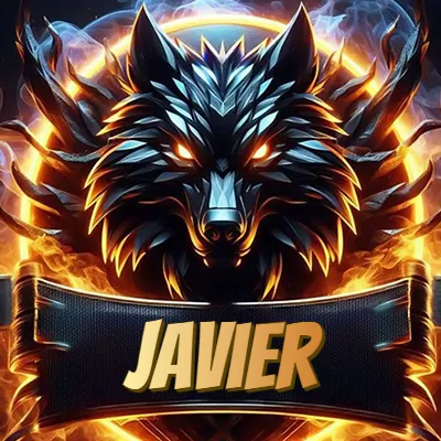 Diseño agresivo y poderoso de cabeza de lobo con ojos brillantes y halo de fuego, nombre incluido. - Javier