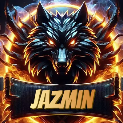 Diseño agresivo y poderoso de cabeza de lobo con ojos brillantes y halo de fuego, nombre incluido. - Jazmin