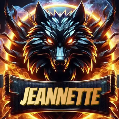 Diseño agresivo y poderoso de cabeza de lobo con ojos brillantes y halo de fuego, nombre incluido. - Jeannette