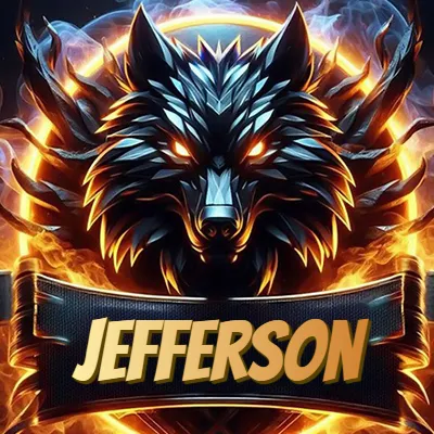 Diseño agresivo y poderoso de cabeza de lobo con ojos brillantes y halo de fuego, nombre incluido. - Jefferson