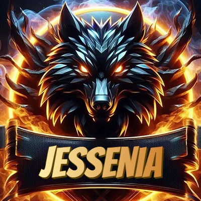Diseño agresivo y poderoso de cabeza de lobo con ojos brillantes y halo de fuego, nombre incluido. - Jessenia