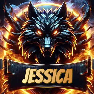Diseño agresivo y poderoso de cabeza de lobo con ojos brillantes y halo de fuego, nombre incluido. - Jessica