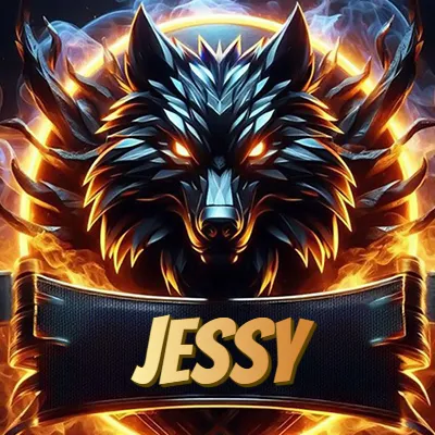 Diseño agresivo y poderoso de cabeza de lobo con ojos brillantes y halo de fuego, nombre incluido. - Jessy