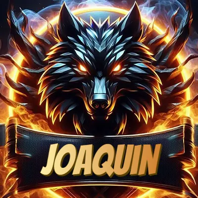 Cabeza de lobo digital imponente con diseño afilado y ángulos geométricos, rodeada por un halo circular de llamas ardientes y humo ascendente que transmite poder y control. El nombre Joaquin está escrito en negrita ligeramente inclinada dentro de una cinta negra curva justo debajo de la cabeza del lobo.