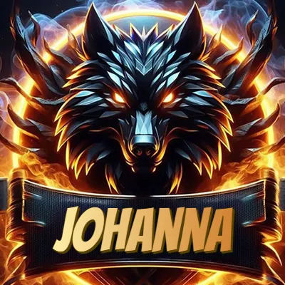 Diseño agresivo y poderoso de cabeza de lobo con ojos brillantes y halo de fuego, nombre incluido. - Johanna