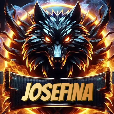 Diseño agresivo y poderoso de cabeza de lobo con ojos brillantes y halo de fuego, nombre incluido. - Josefina