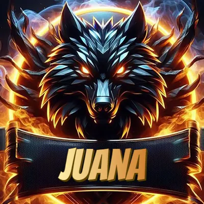 Diseño agresivo y poderoso de cabeza de lobo con ojos brillantes y halo de fuego, nombre incluido. - Juan