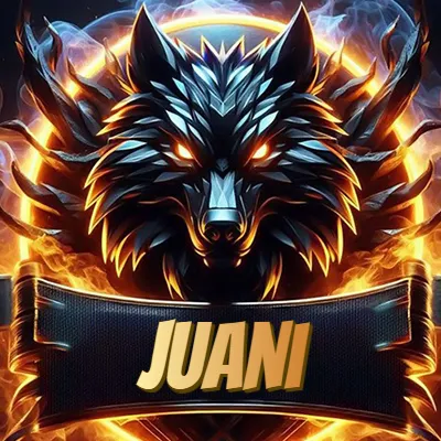Diseño agresivo y poderoso de cabeza de lobo con ojos brillantes y halo de fuego, nombre incluido. - Juani Diseño agresivo y poderoso de cabeza de lobo con ojos brillantes y halo de fuego, nombre incluido. - Juani