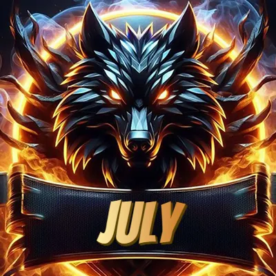 Diseño agresivo y poderoso de cabeza de lobo con ojos brillantes y halo de fuego, nombre incluido. - July