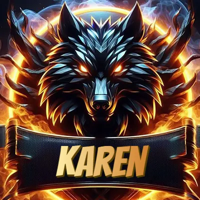 Diseño agresivo y poderoso de cabeza de lobo con ojos brillantes y halo de fuego, nombre incluido. - Karen