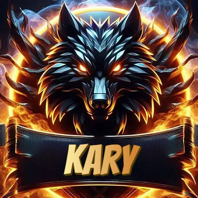 Diseño agresivo y poderoso de cabeza de lobo con ojos brillantes y halo de fuego, nombre incluido. - Kary