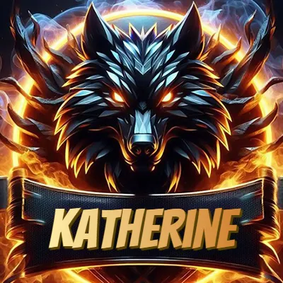 Diseño agresivo y poderoso de cabeza de lobo con ojos brillantes y halo de fuego, nombre incluido. - Katherine