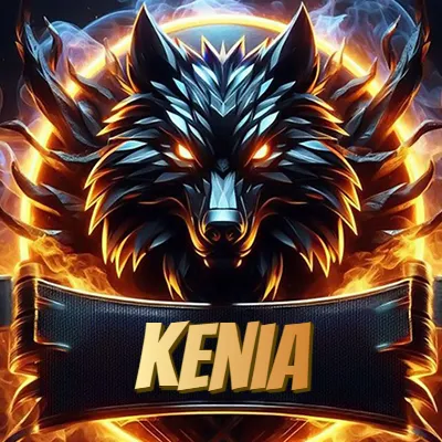 Diseño agresivo y poderoso de cabeza de lobo con ojos brillantes y halo de fuego, nombre incluido. - Kenia