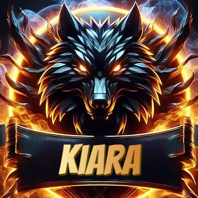 Diseño agresivo y poderoso de cabeza de lobo con ojos brillantes y halo de fuego, nombre incluido. - Kiara Diseño agresivo y poderoso de cabeza de lobo con ojos brillantes y halo de fuego, nombre incluido. - Kiara