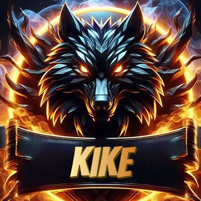 Diseño agresivo y poderoso de cabeza de lobo con ojos brillantes y halo de fuego, nombre incluido. - Kike Diseño agresivo y poderoso de cabeza de lobo con ojos brillantes y halo de fuego, nombre incluido. - Kike