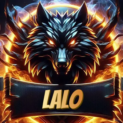 Diseño agresivo y poderoso de cabeza de lobo con ojos brillantes y halo de fuego, nombre incluido. - Lalo