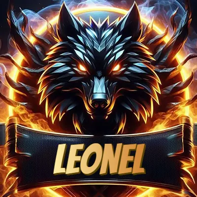 Diseño agresivo y poderoso de cabeza de lobo con ojos brillantes y halo de fuego, nombre incluido. - Leonel Diseño agresivo y poderoso de cabeza de lobo con ojos brillantes y halo de fuego, nombre incluido. - Leonel