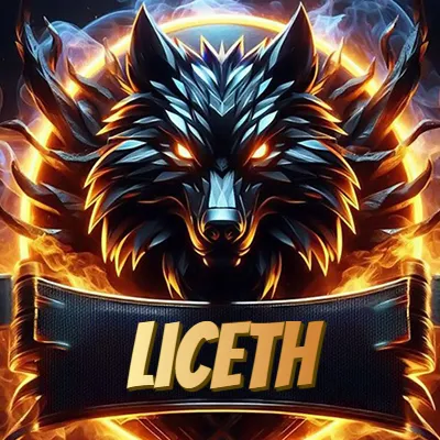 Diseño agresivo y poderoso de cabeza de lobo con ojos brillantes y halo de fuego, nombre incluido. - Liceth