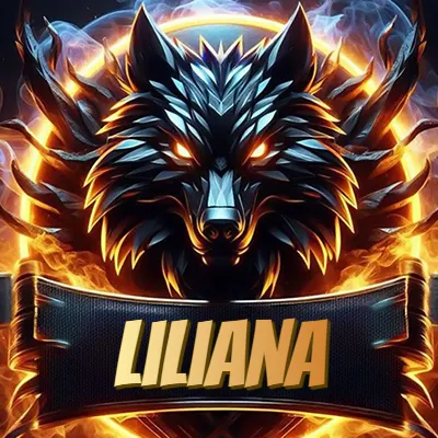 Diseño agresivo y poderoso de cabeza de lobo con ojos brillantes y halo de fuego, nombre incluido. - Liliana